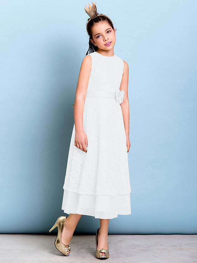 A-Line Jewel Neck Tea Length Floral Lace Junior Bridesmaid Dress with Sash & Accessories