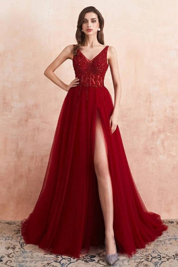 Burgundy V-Neck Sleeveless Split Evening Dress with Beads and Tulle