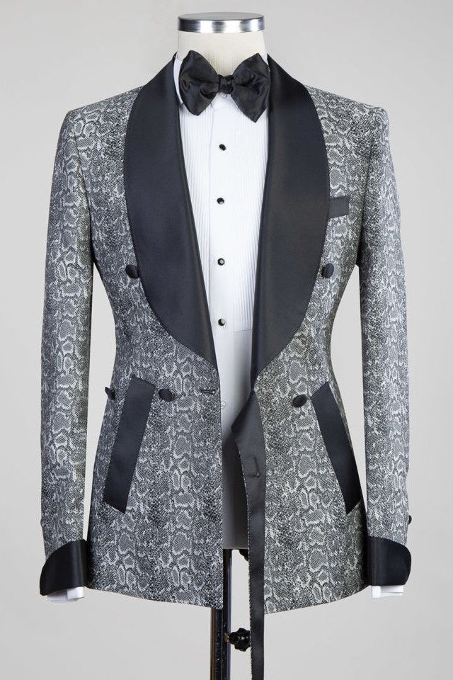 Khalil Gray Double Breasted Wedding Suit with Black Lapel