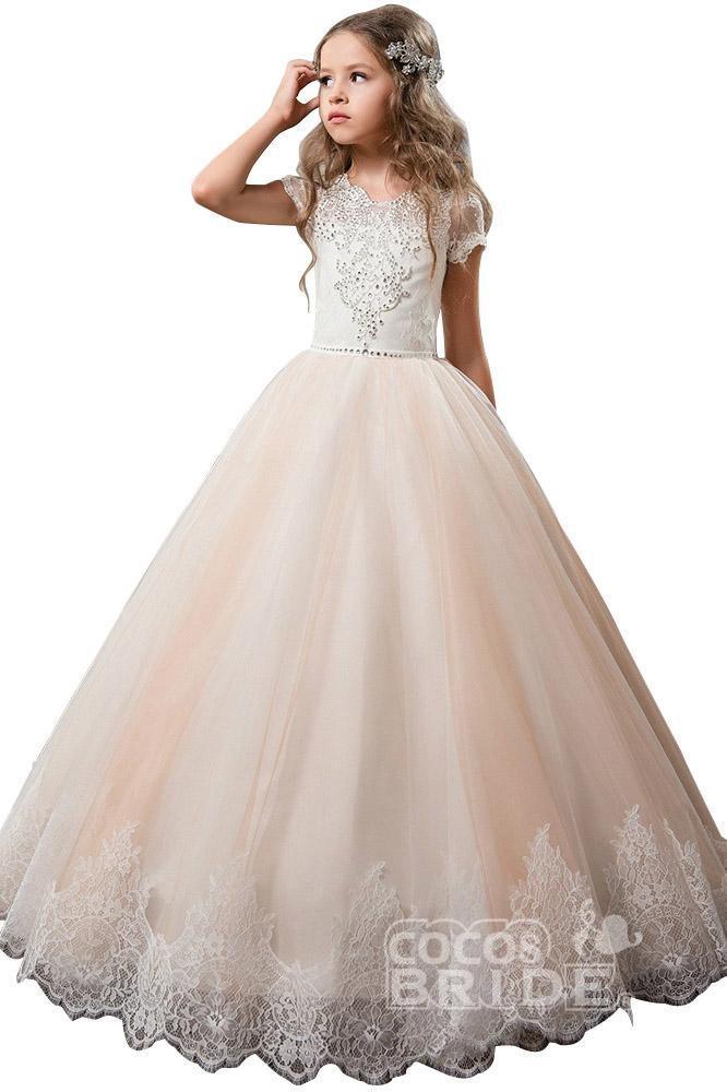 Light Pink Short Sleeve Scoop Neck Ball Gown Flower Girls Dress