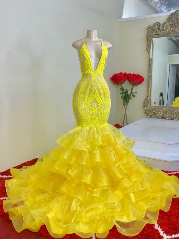 Mermid Yellow Ruffled Lace Spaghetti-Straps Prom Dress