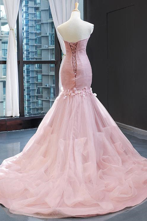 Pink Sweetheart Mermaid Sleeveless Prom Dress With Tulle Ruffle Online