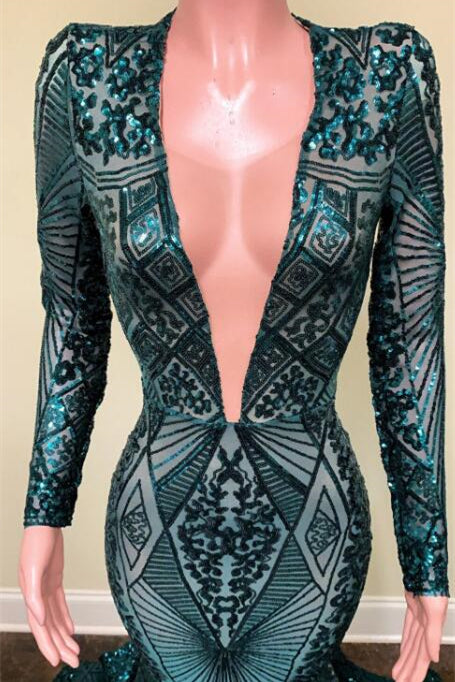 Mermaid Emerald Long Sleeves V-Neck Sequins Lace Prom Dress