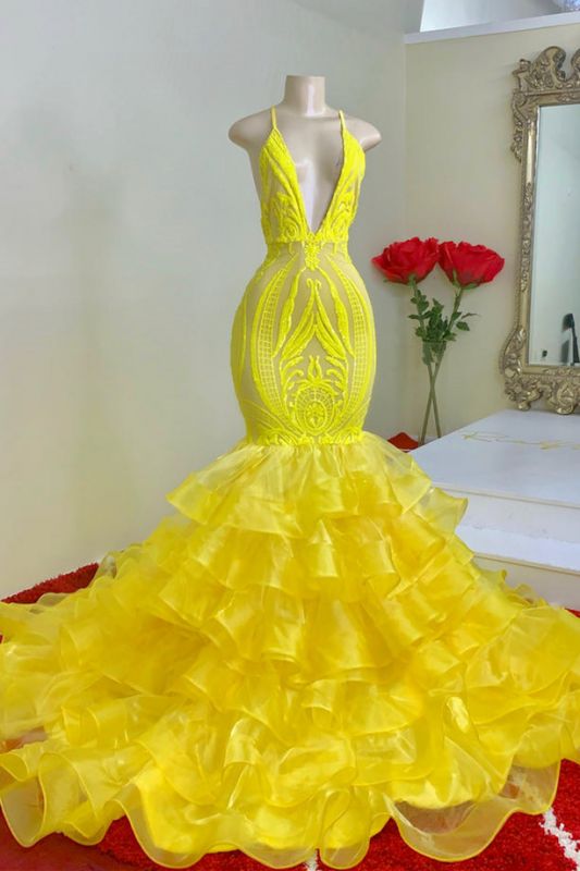 Mermid Yellow Ruffled Lace Spaghetti-Straps Prom Dress
