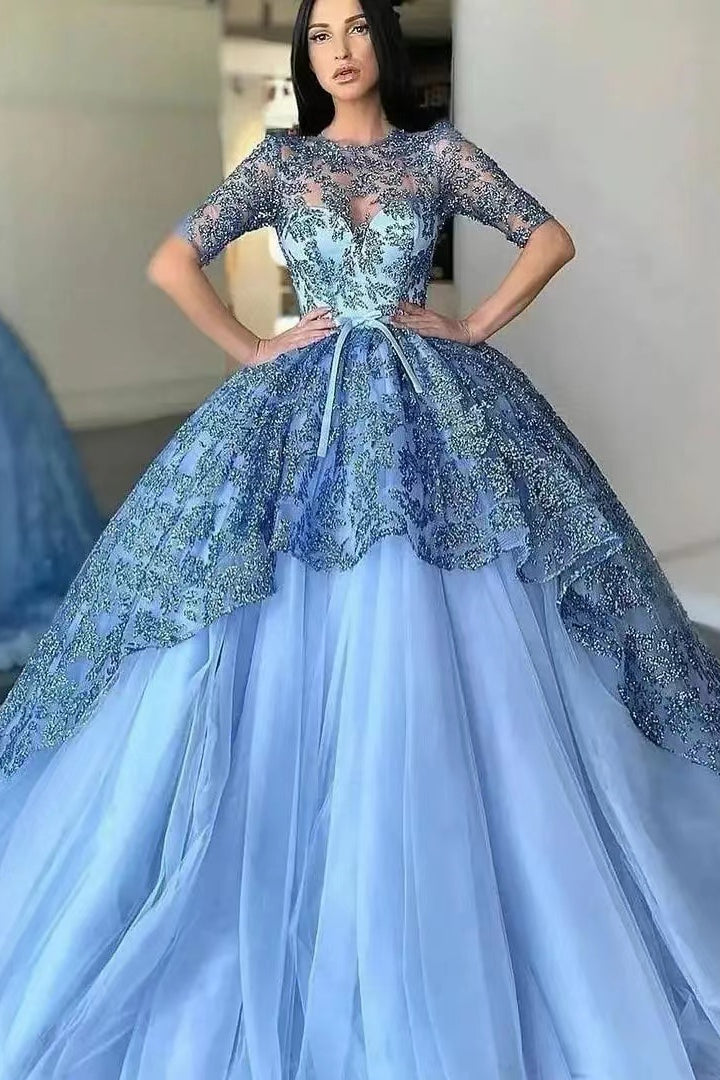 Amazing Jewel Half Sleeves Ball Gown Evening Dress with Lace Tulle Appliques