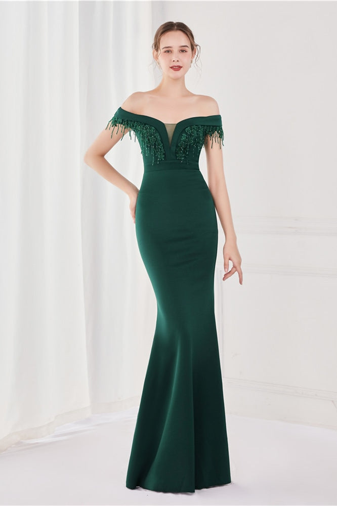 Dark Green V-Neck Mermaid Evening Dress with Appliques and Tassel