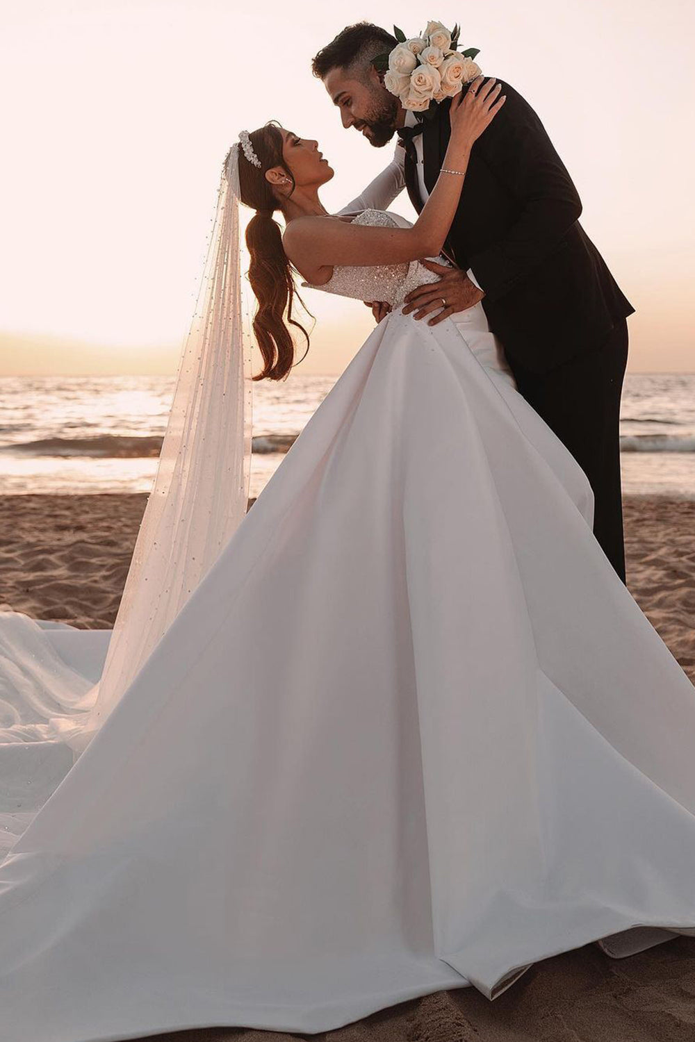 One Shoulder A-line Wedding Dress with Sequins and Long Sleeves