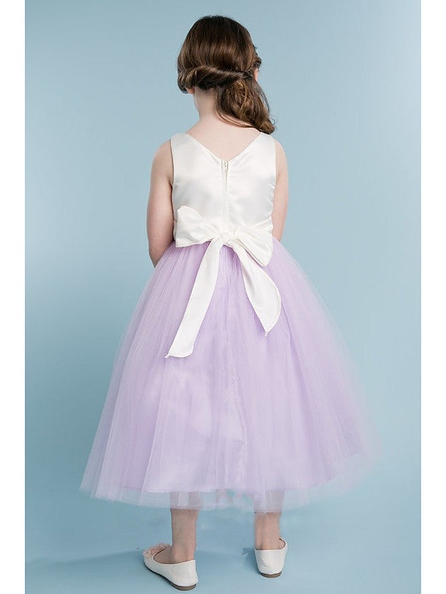 A-Line Jewel Neck Flower Girl Dress with Tier and Sleeveless Satin Tulle Knee Length