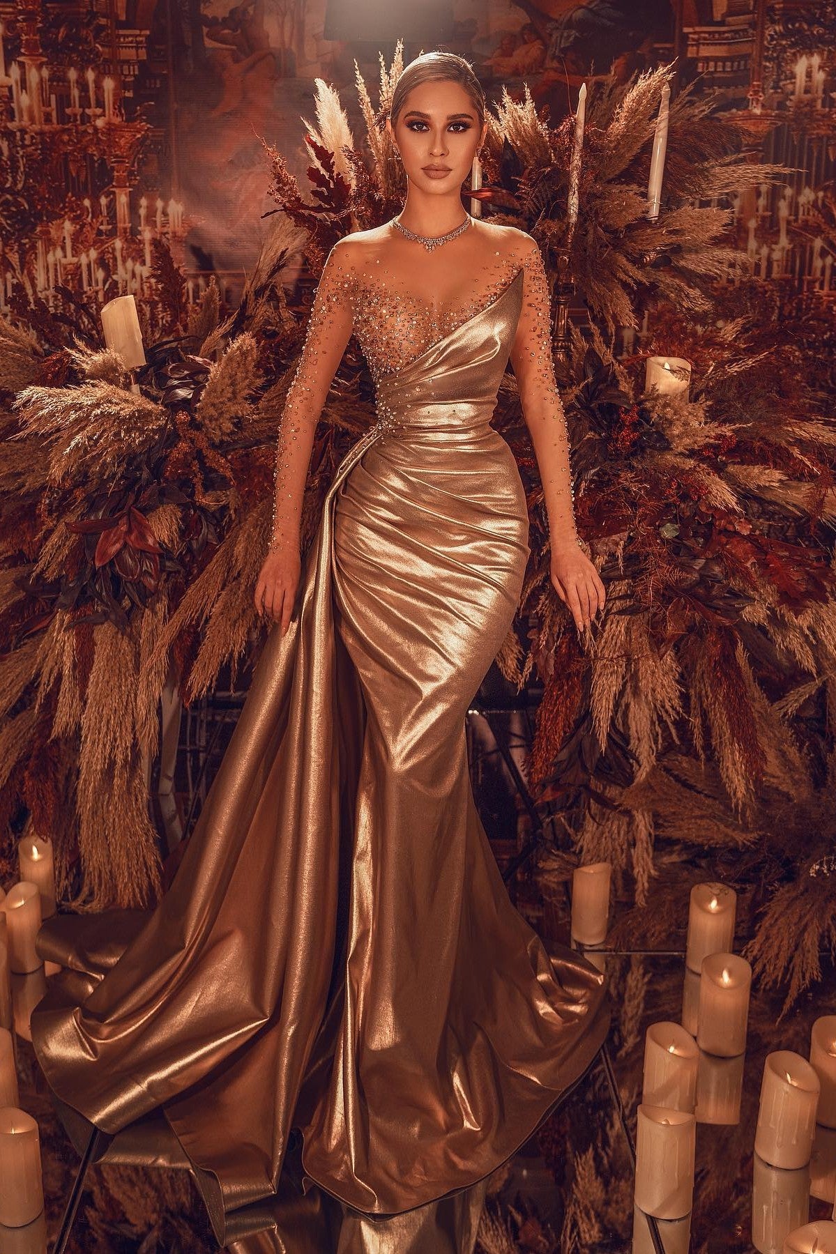 Glamorous Gold Long Lace Sleeves Evening Dress with Colorful Beads