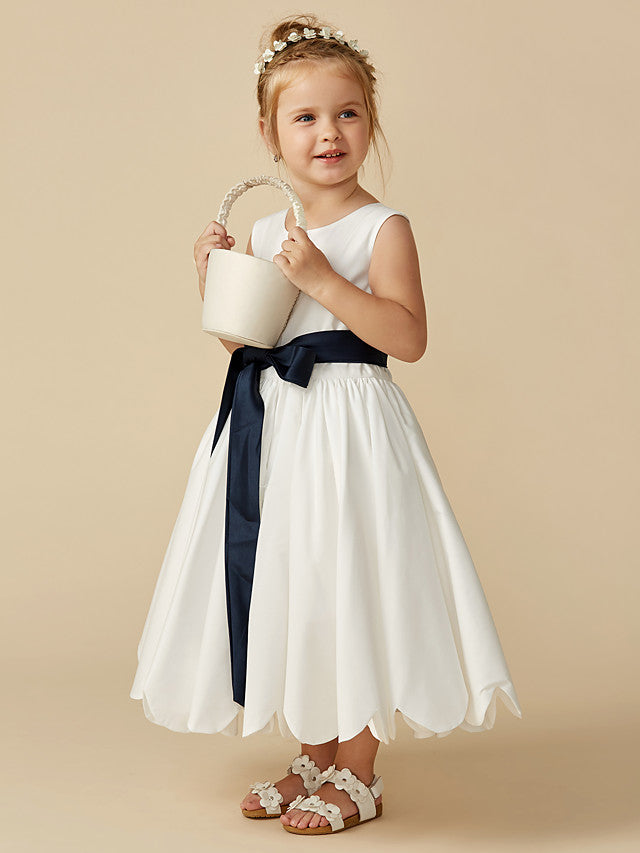 Sleeveless Jewel A-Line Tea Length Flower Girl Dress with Taffeta Sash and Pleats