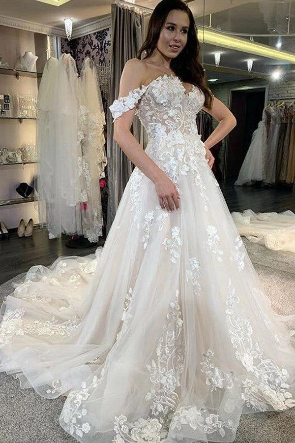 Gorgeous A-line Tulle Off-the-Shoulder Long Wedding Dress With Lace Appliques