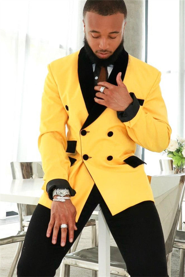 Stylish Yellow Double Breasted Slim Fit Mens Suit With Black Shawl