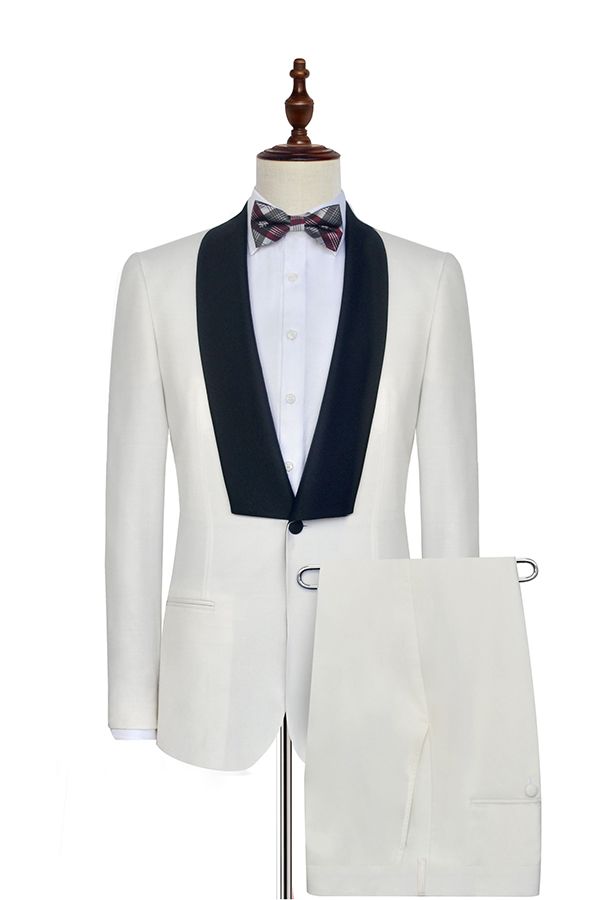 One Button White Wedding Tuxedos for Men with Black Knife Collar Classic Look
