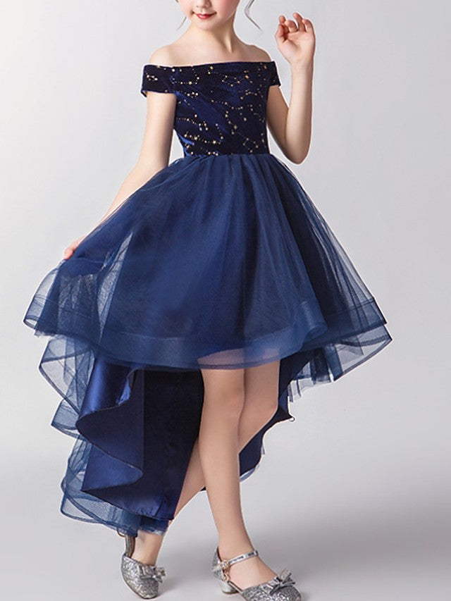 Short Sleeve A-Line Tulle Flower Girl Dress With Off Shoulder Print