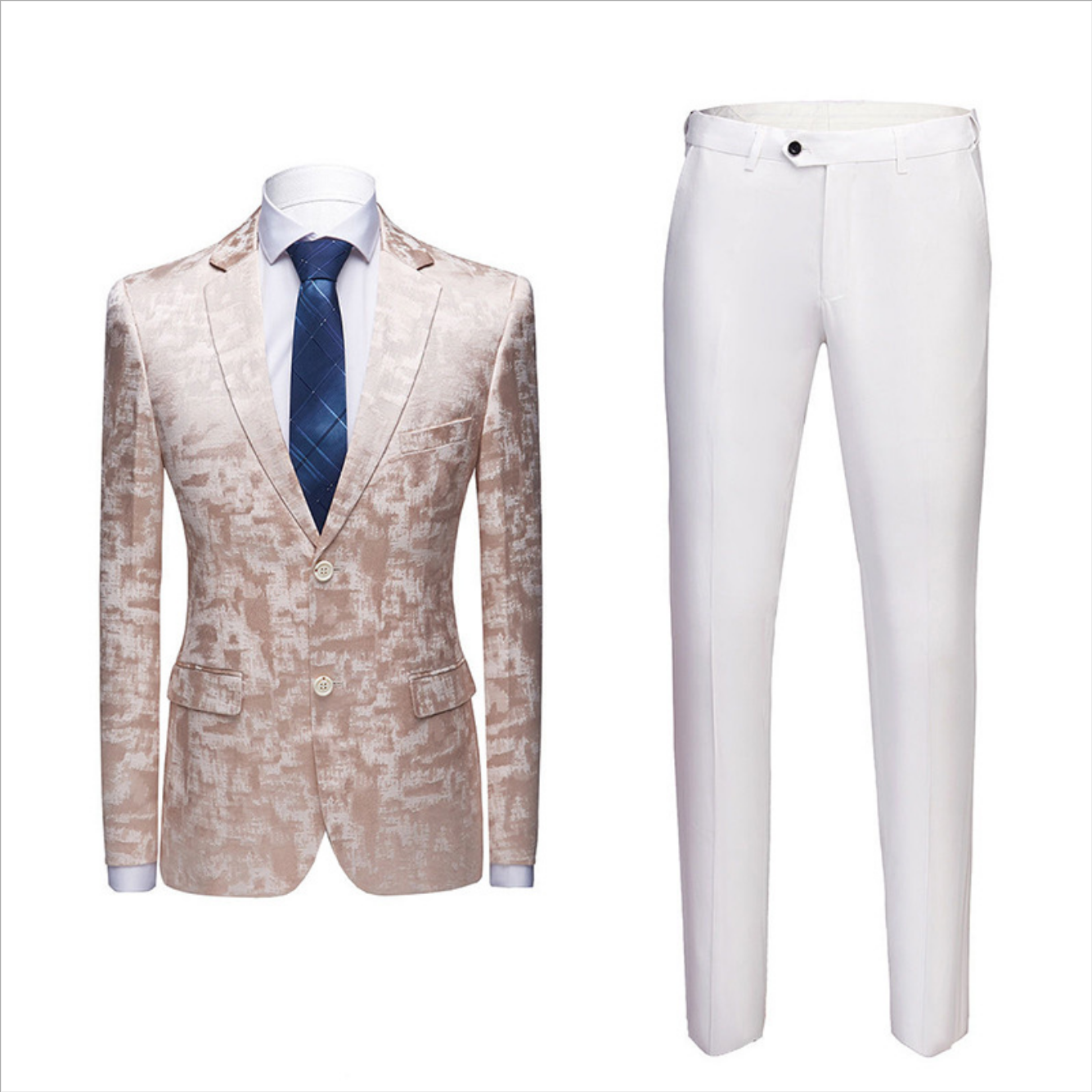 Popular Printed Prom Outfits for Guys in Champagne Pink with Notched Lapel