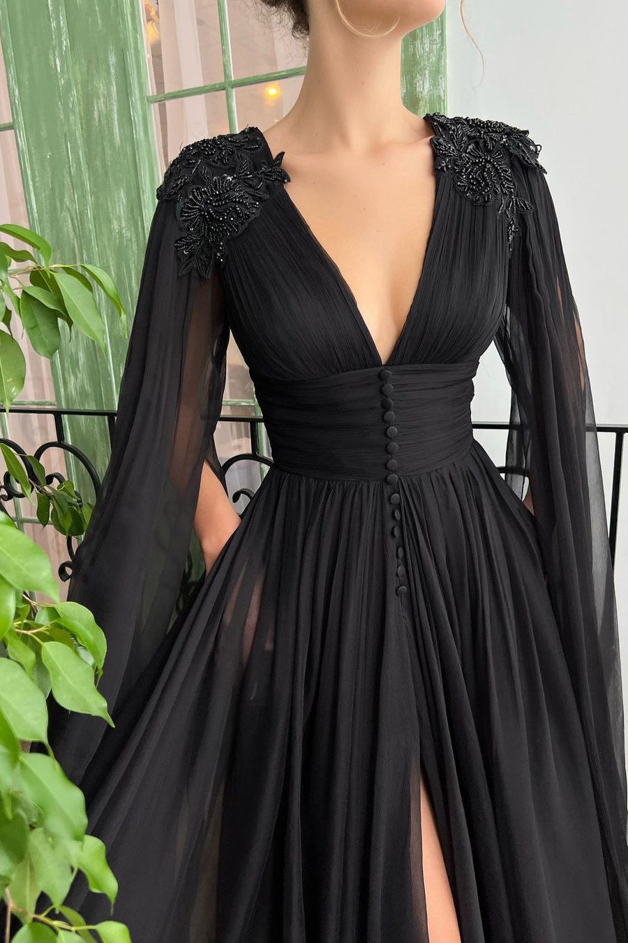 Elegant Black Tulle Evening Dress with Deep V Neck, Front Slit, and Ruffle Sleeves