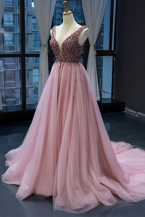 On Sale: Pink V-Neck Mermaid Sleeveless Prom Dress With Beadings