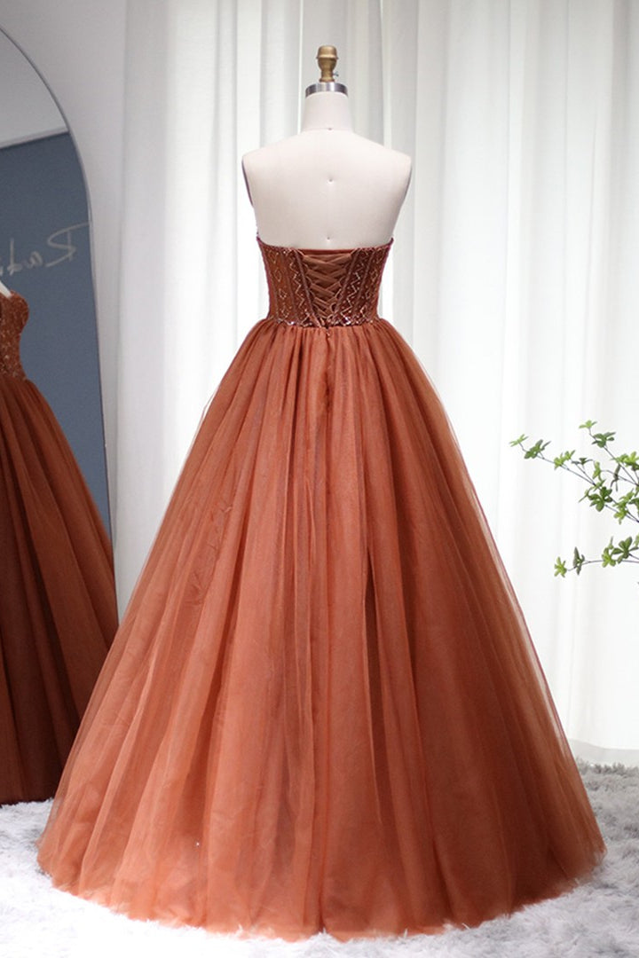 A Line Prom Dress - Strapless Tulle Floor Length with Appliques