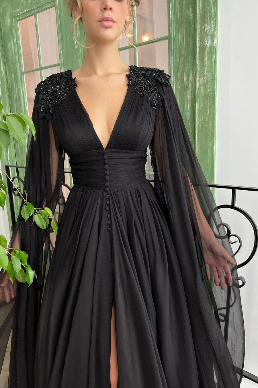 Elegant Black Tulle Evening Dress with Deep V Neck, Front Slit, and Ruffle Sleeves