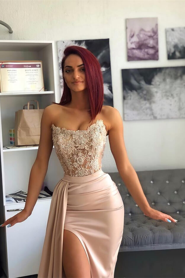 Amazing Sleeveless Mermaid Split Prom Dress with Appliques Ruffles