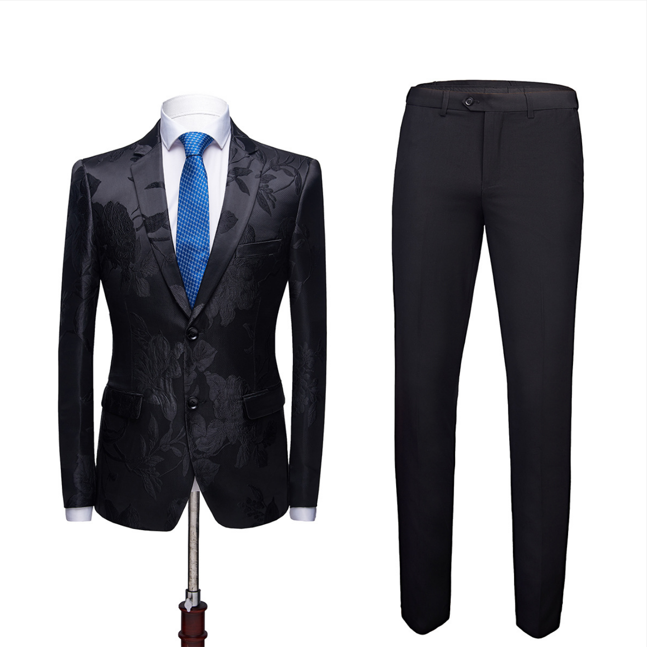 Handsome Black Notched Lapel Two Button Floral Jacquard Men's Suit