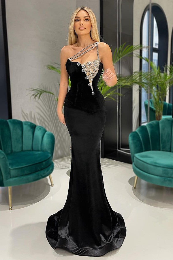 One-Shoulder Black Long Mermaid Prom Dress with Rhinestones