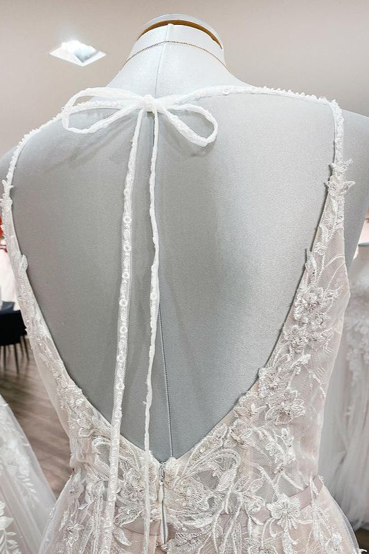 Elegant Long A-line V Neck Sleeveless Backless Wedding Dress with Ruffles