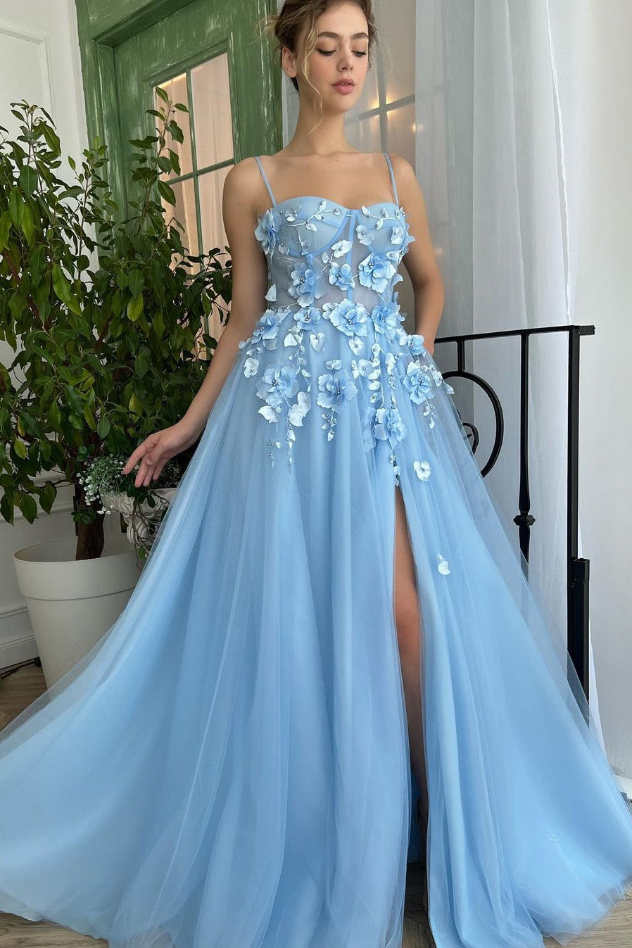Baby Blue Sweetheart Flowers Appliques Spaghetti Strap Prom Dress with Side Split