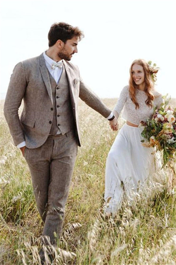 2020 Groom Wedding Tuxedos with 3 Pieces | Khaki Linen Summer Beach Mens Classic Suits