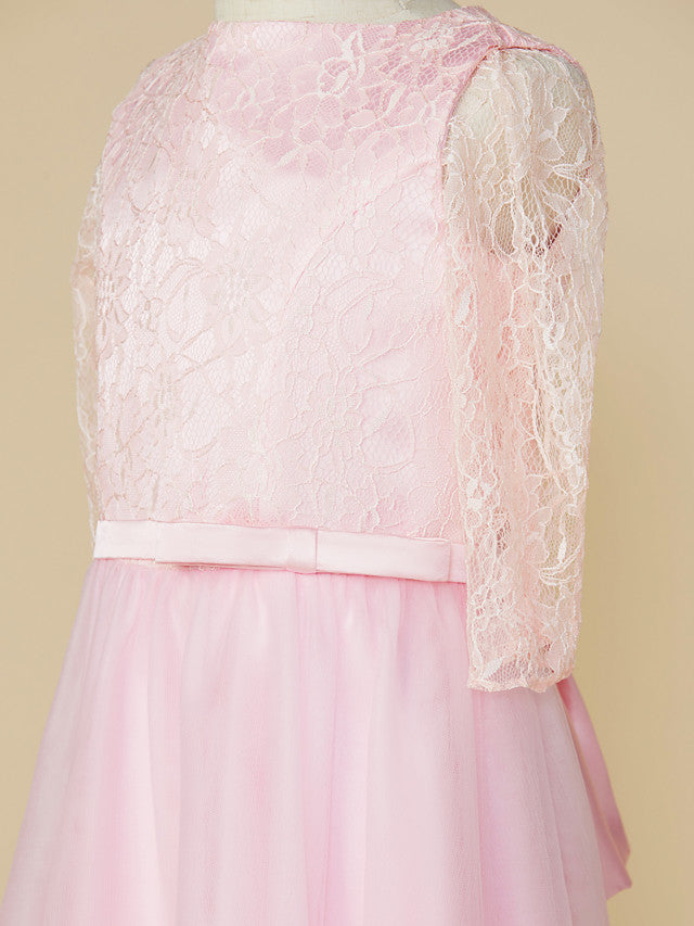 A-Line Jewel Neck Lace/Tulle Junior Bridesmaid Dress with Bow(s) for Wedding Party