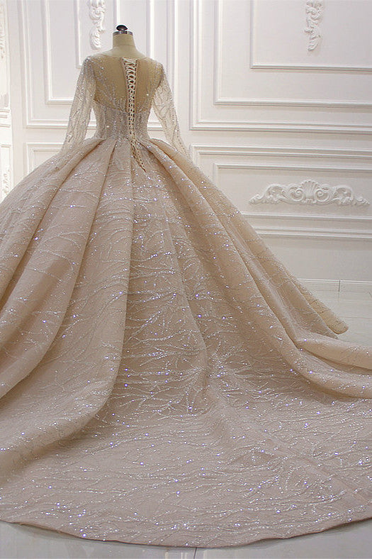 Gorgeous Bateau Long Sleeves Floor-length Ball Gown Wedding Dress with Ruffles