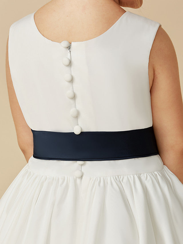 Sleeveless Jewel A-Line Tea Length Flower Girl Dress with Taffeta Sash and Pleats
