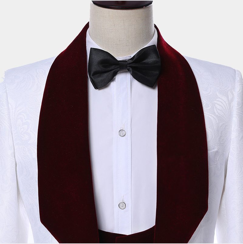 Modern White Jacquard Floral Wedding Tuxedo With Burgundy Lapel