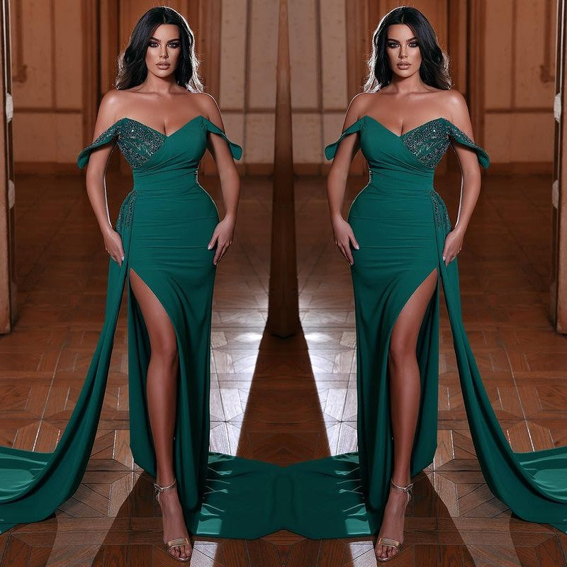 Emerald Green V-Neck Mermaid Evening Dress With Ruffles Split Off-The-Shoulder