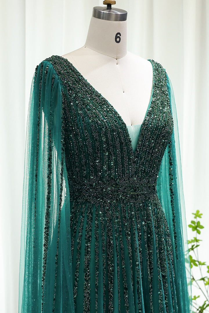 Emerald V Neck A Line Prom Dress With Cap Sleeves and Beaded Tulle Appliques