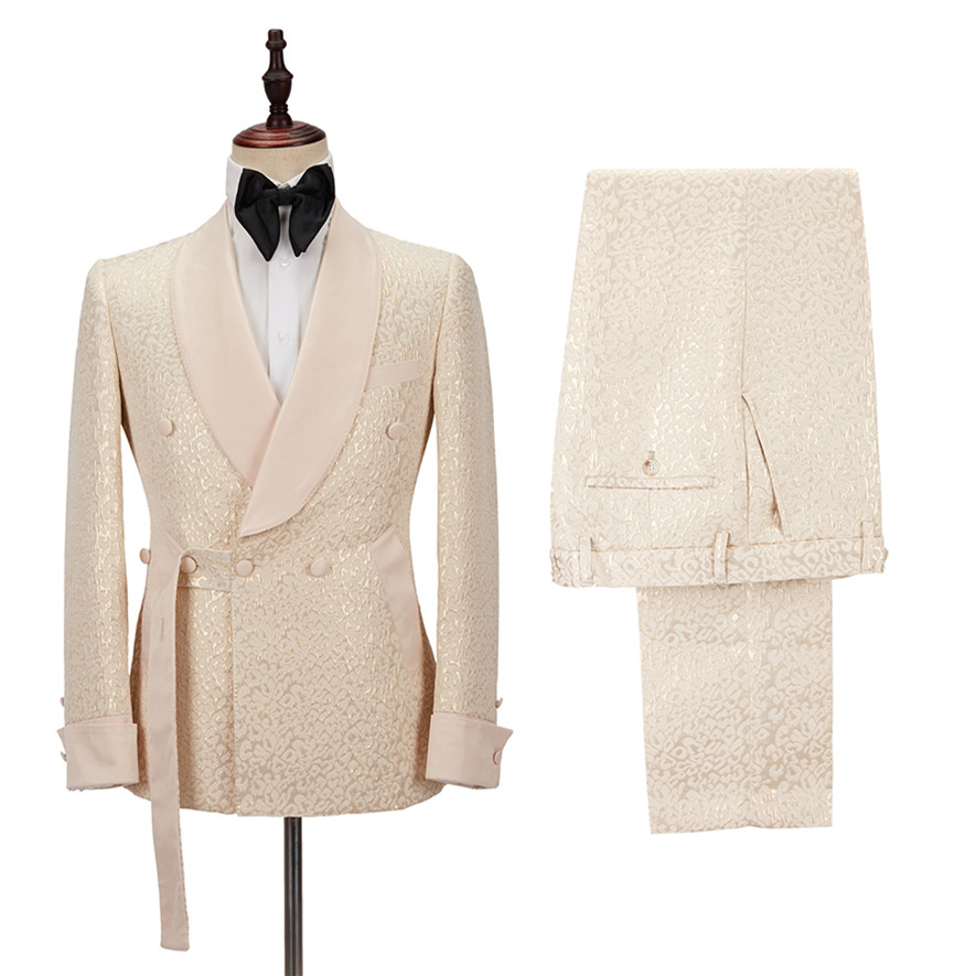 Chic Jacquard Shawl Lapel Slim Wedding Tuxedo in Champagne