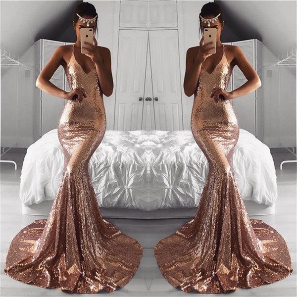 Elegant V-Neck Sequins Sleeveless Evening Dress