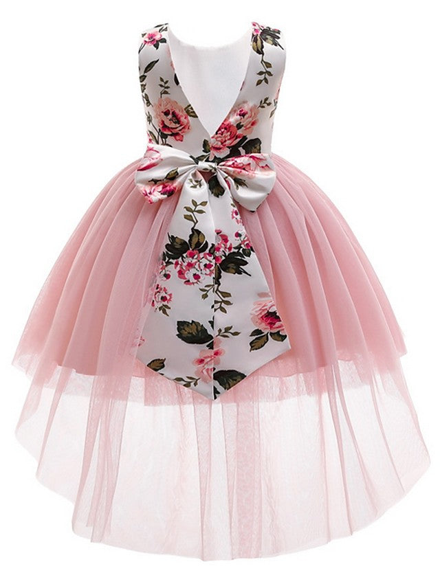 Beautiful Ball Gown Asymmetrical Sleeveless Jewel Neck Flower Girl Dresses with Tulle Bow and Pattern Print