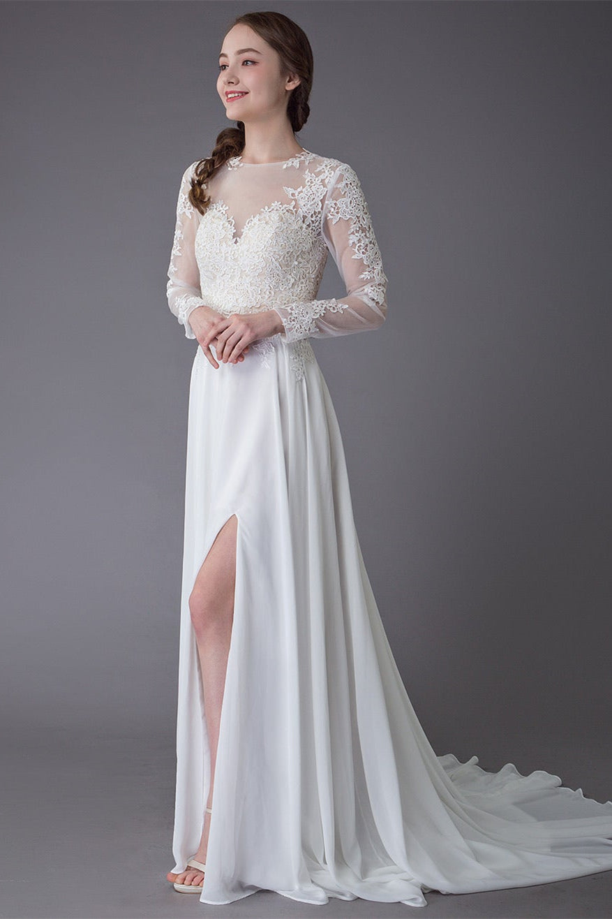Elegant Lace Slit Long Sleeves Wedding Dress