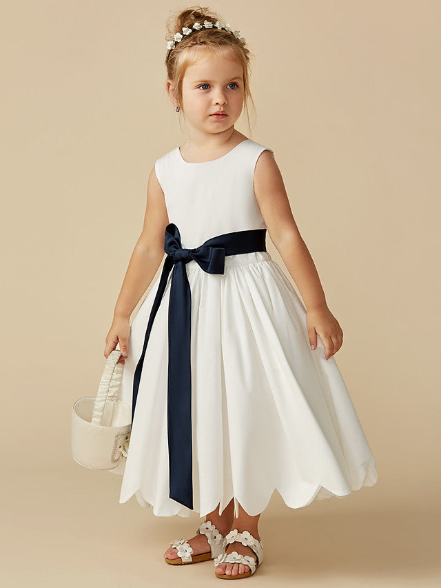 Sleeveless Jewel A-Line Tea Length Flower Girl Dress with Taffeta Sash and Pleats
