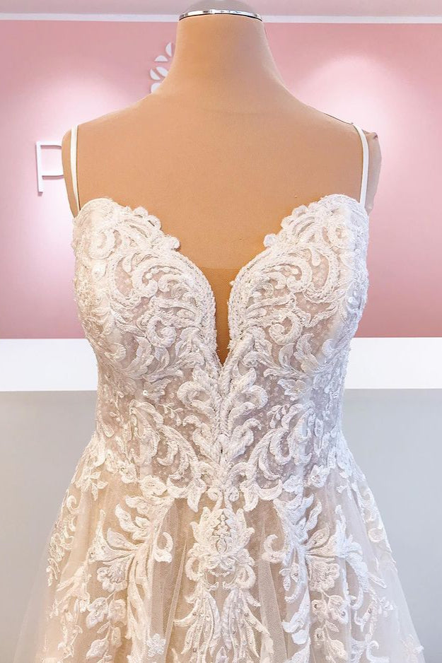 Classy Spaghetti Straps A-Line Tulle Backless Wedding Dress With Appliques Lace