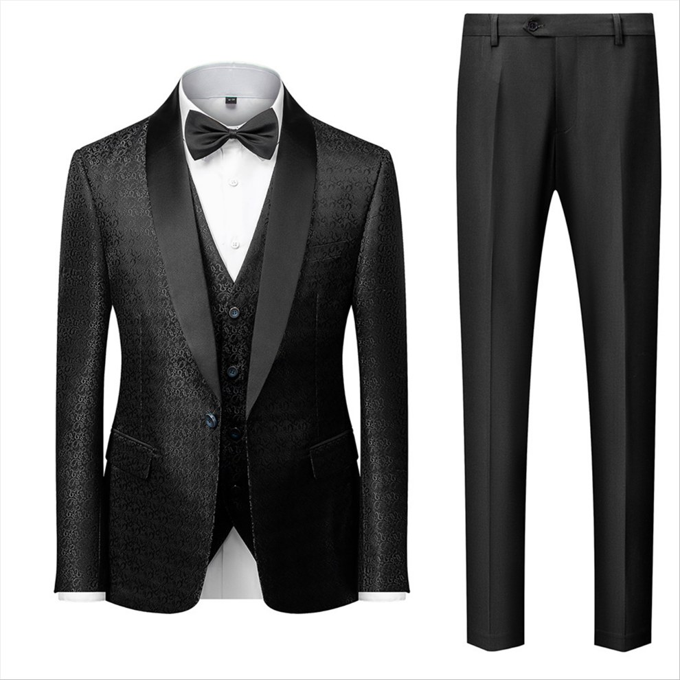 Modern Black Tuxedo Floral Jacquard Wedding Suit With One Button