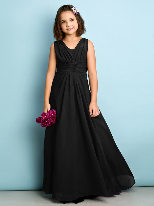 A-Line V Neck Chiffon Flower Girl Dress - Floor Length With Criss Cross Natural Mini Me
