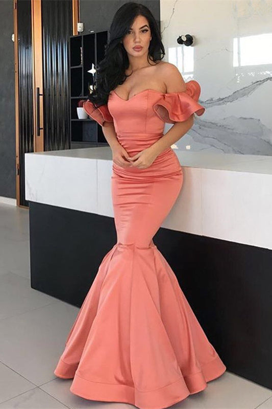 Stunning Off-the-Shoulder Long Mermaid Prom Dress in Coral