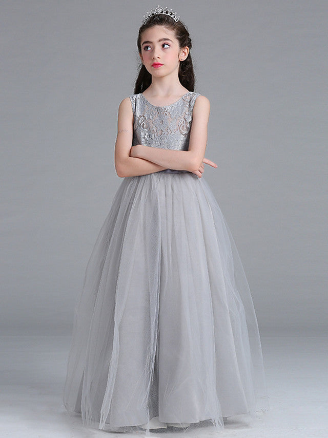 Sleeveless A-Line Round Floor Length Flower Girl Dress with Lace