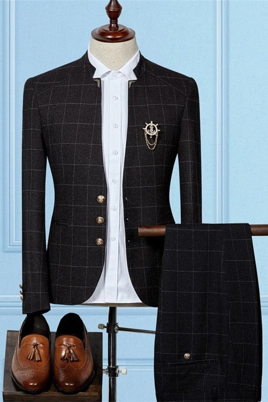 2 Piece Classic Black & Plaid Wedding Suits For Groom & Groomsmen