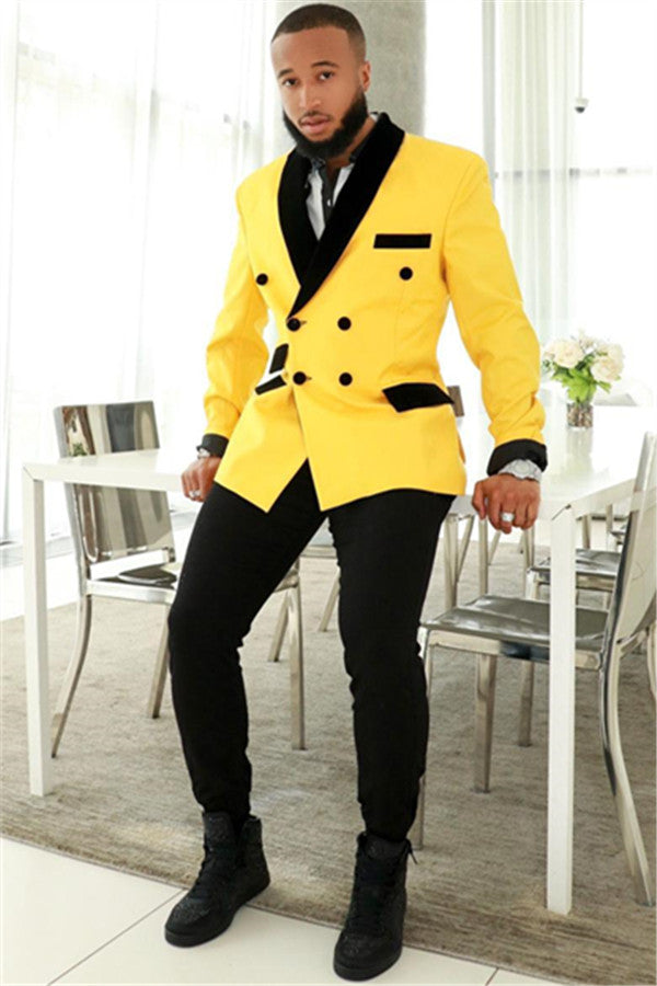 Stylish Yellow Double Breasted Slim Fit Mens Suit With Black Shawl