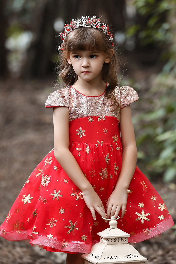 Short Red A-line Glitter Flower Girls Dress with Tulle Appliques