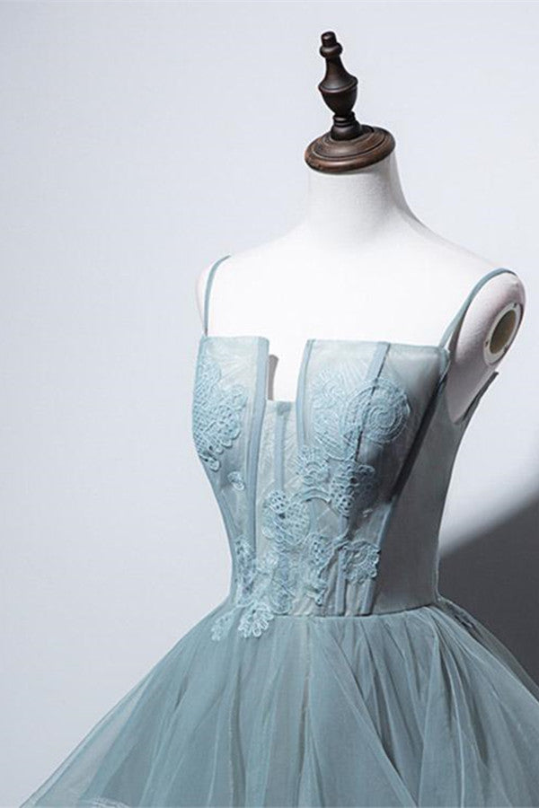 Elegant Spaghetti-Straps Long Evening Dress with Tulle Layered Appliques