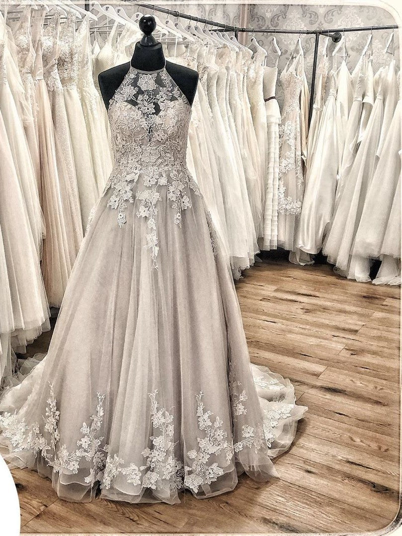 Elegant A-line Halter Wedding Dress with Tulle Ruffles & Appliques Lace Train